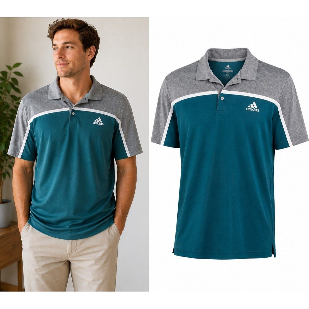 Adidas Golf Men's 3-Stripes Heather Block Polo Shirt Green/Gray Size: XL